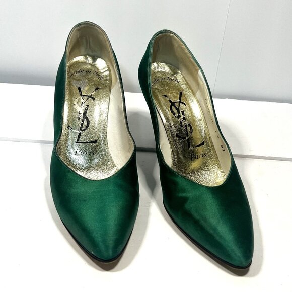 YVES SAINT LAURENT Hunter Green Satin Heels Size 7-1/2B - Picture 1 of 10
